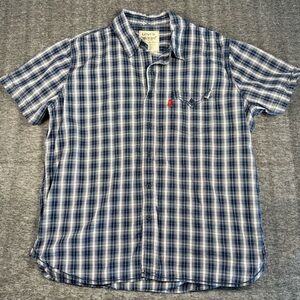 Mens Levis Blue & White Button Down Plaid Short Sleeve Shirt Size XL 100% Cotton